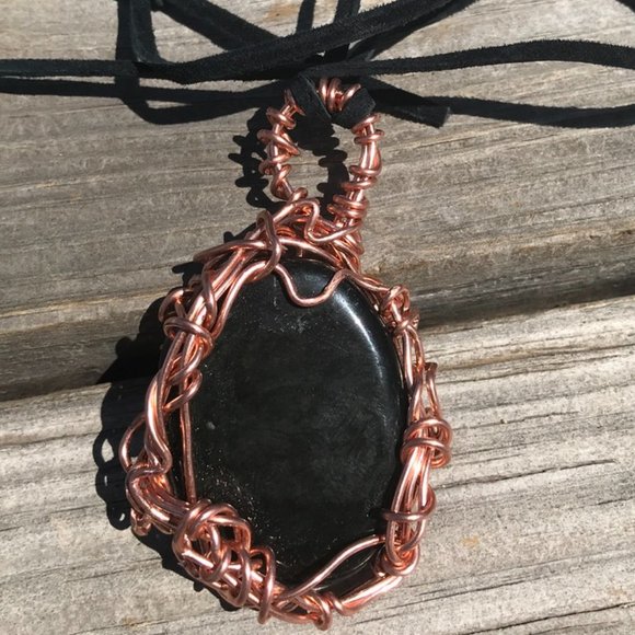 Conceptual Subculture Jewelry - Black Obsidian Solid Copper Pendant Leather Necklace Handmade Artisan Wire Wrap